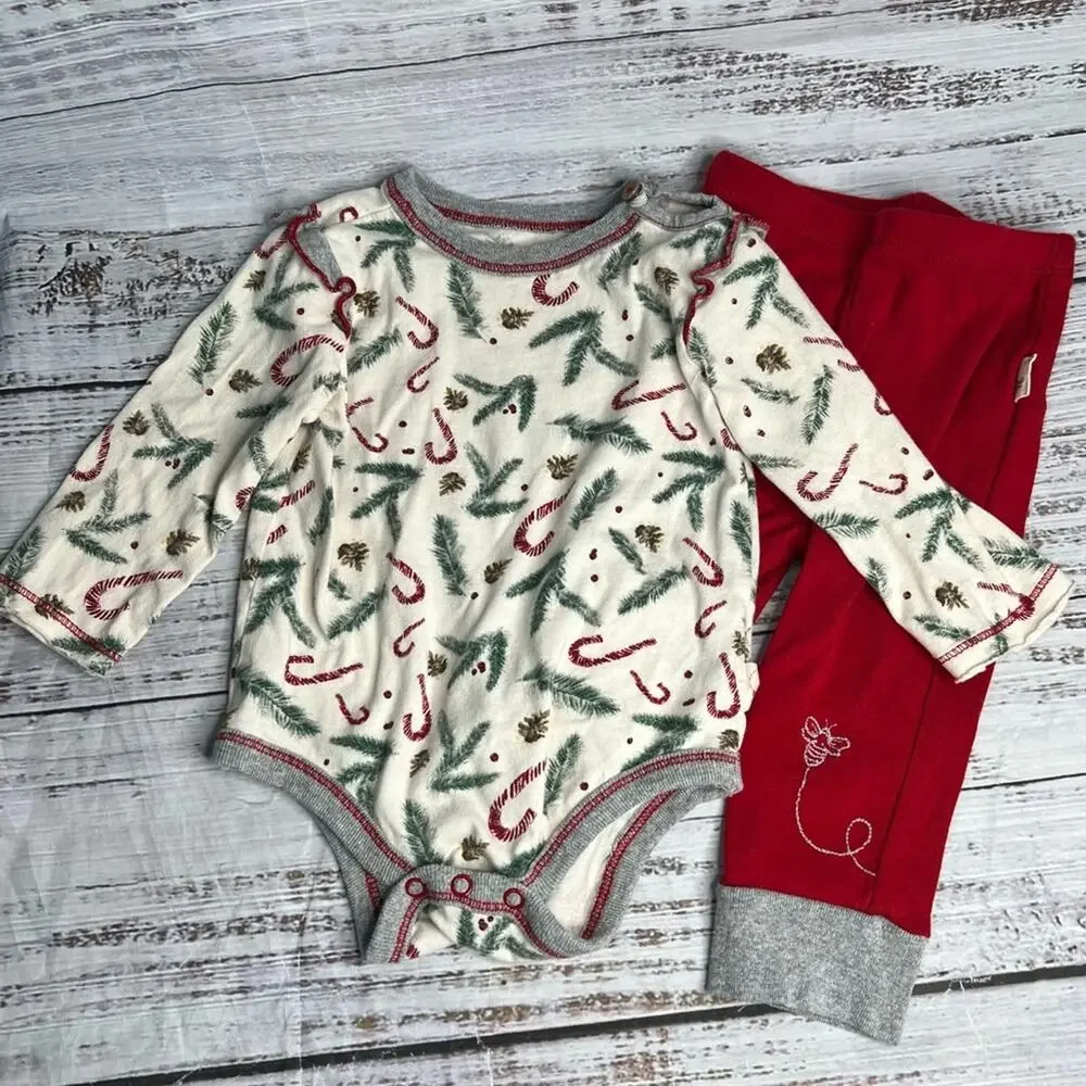 Burts Bees‎ 3-6 Months Christmas Candy Cane Bodysuit Pants Set Organic Cotton